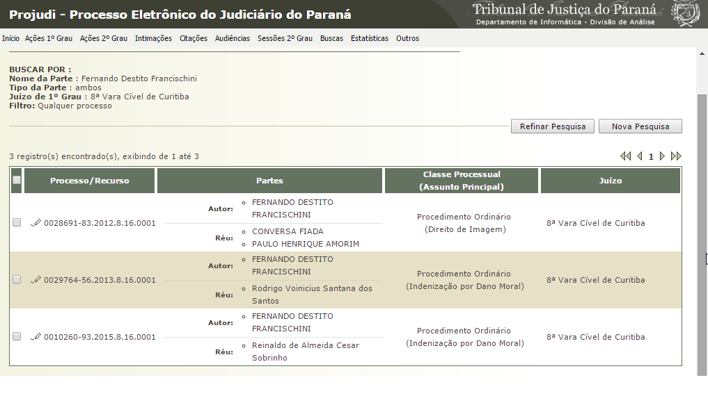 Na 8ª Vara Cível de Curitiba, Francischini move processo por danos morais contra Reinaldo de Almeida Cesar Sobrinho, protocolado em 28/04/15 sob nº 0010260-93.2015.8.16.0001 e com valor da causa de R$ 80.000,00. Outros dois processos movidos por Francischini, correm também na 8ª Vara Cível de Curitiba: um de 2012, por direito à imagem, contra Paulo Henrique Amorim e o Blog Conversa Afiada, com valor da causa de R$ 300.000,00 e autos sob nº 0028691-83.2012.8.16.0001; outro de 2013 contra Rodrigo Voinícius Santana dos Santos, por danos morais, com processo nº 0029764-56.2013.8.16.0001 e causa com valor atribuído de R$ 300.000,00.