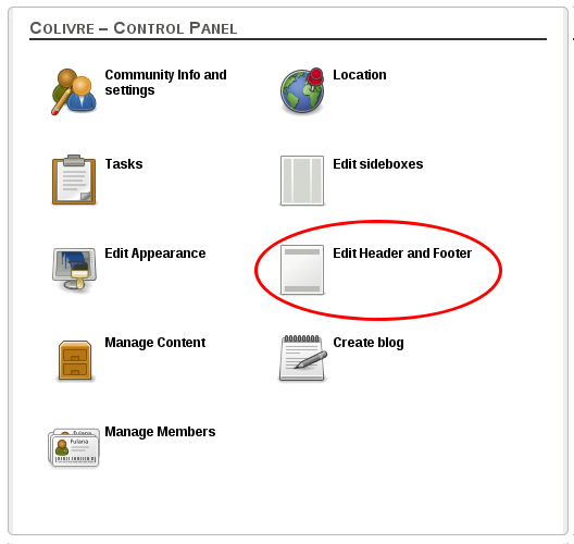 Edit header and footer on community control panel