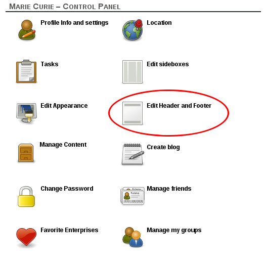 Edit header and footer on user control panel
