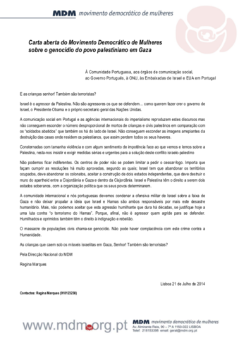 Carta aberta do mdm sobre o genocídio do povo palestiniano em gaza display